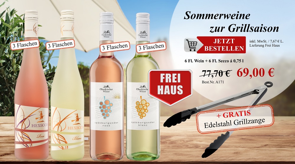 Das Bild zeigt 4 Weine und Secco, die sich besonders für die warmen Sommermonate und zum Grillen eignen
