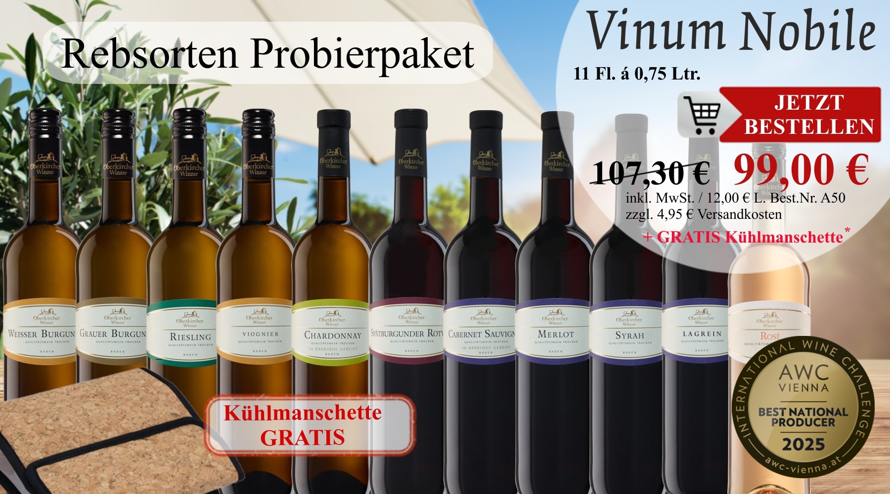 Probierpaket " Vinum Nobile" 11 Flaschen, Probierpaket mit Kühlmanschette
