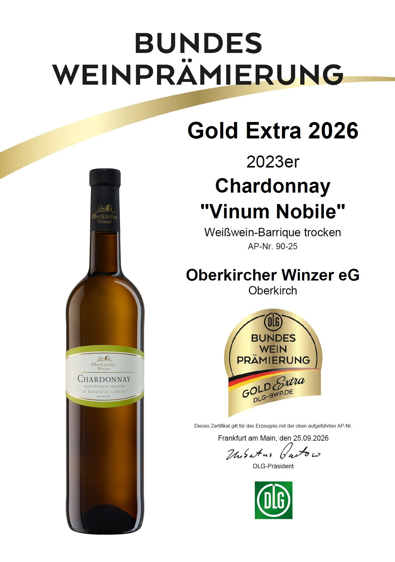 Vinum Nobile , Chardonnay Qualitätswein trocken-Barrique-