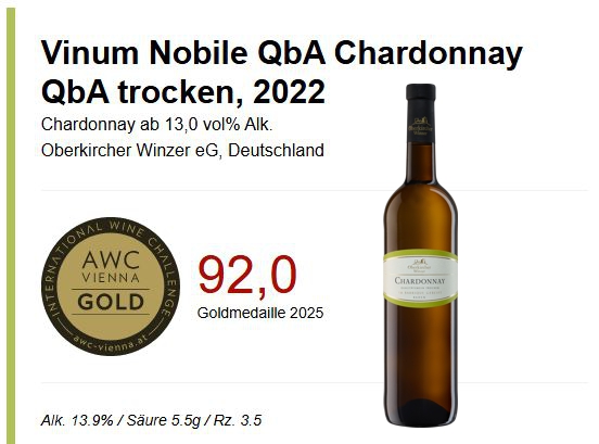 Vinum Nobile , Chardonnay Qualitätswein trocken-Barrique-